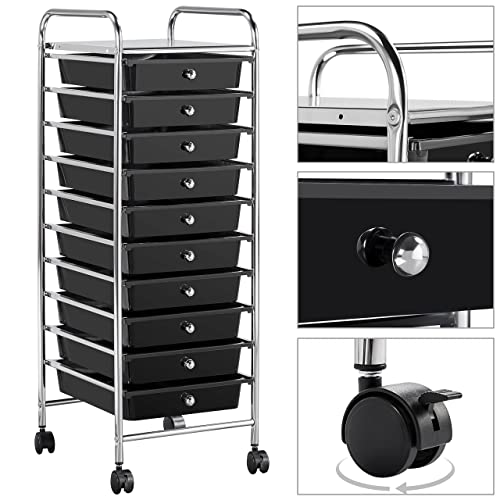 Yaheetech Rolling Cart Organizer Plastic Trolley with 10 Storage Drawers Utility Cart on Wheels Art Craft Organizer Ample Storage Space, Black Yaheetech