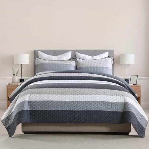 DUOHONG 100% Cotton Quilt Set King Size, King Quilt Bedding Set, Striped Pattern Quilt Bedspread for King Bed, Modern Minimalist Bed Spread Lightweight Comforter, 3Pcs, Charcoal-Blue/Gray/White DUOHONG