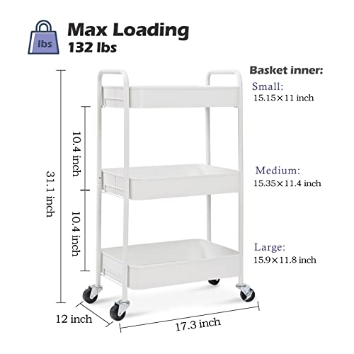 TOOLF 3-Tier Rolling Cart, Metal Utility Cart with Lockable Wheels, Storage Craft Art Cart Trolley Organizer Serving Cart Easy Assembly for Office, Bathroom, Kitchen, Kids' Room, Classroom (White) TOOLF