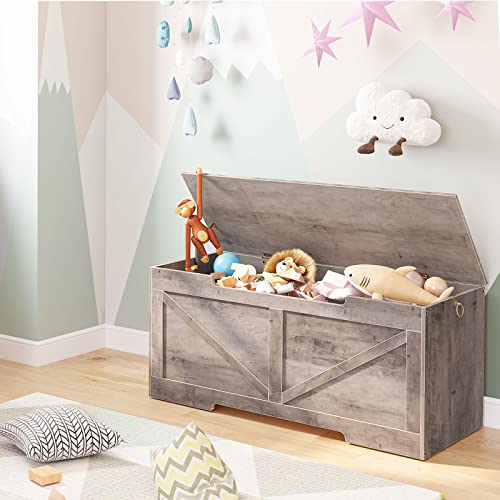 HOOBRO Storage Bench, 43.3” Retro Wooden Storage Chest with U-Shaped Cut-Out Pull, Safety Hinge, Supports 220 lb and Easy Assembly for Toy Box Organizer (Greige) BG772CW01 HOOBRO