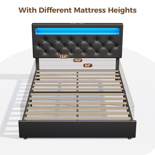 Rolanstar Queen Size Bed Frame with Charging Station, LED Bed with Under Bed Storage, Adjustable Headboard 38.9/40.8 Inches, No Box Spring Needed, Noise Free, Easy Assembly, Black Rolanstar