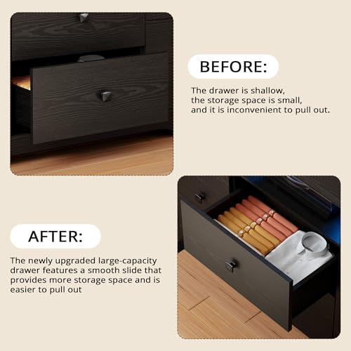 LIKIMIO Dresser with 10 Drawers, Bedroom Wooden Chest of Drawers with LED Lights and Power Outlets, Fabric Side Pocket, TV Stand for Living Room, Black LIKIMIO