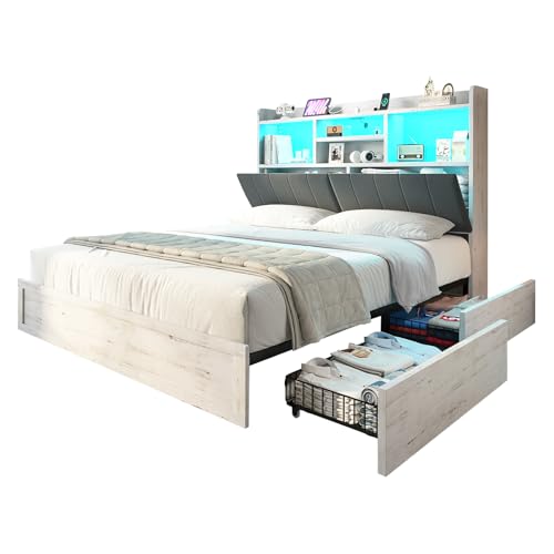 LUXOAK King Farmhouse Bed Frame with Bookcase Headboard and 4 Drawers, LED Storage Bed with Charging Station & Linen Upholstered, No Box Spring Needed, Distressed White LUXOAK