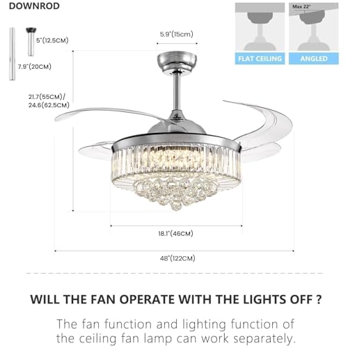 NOXARTE 48 Inch Crystal Chandelier Ceiling Fan with Light Fandelier Ceiling Fan with Light Retractable Blades Fan with Remote Control 48" Dimmable Fandelier for Bedroom Living Room NOXARTE