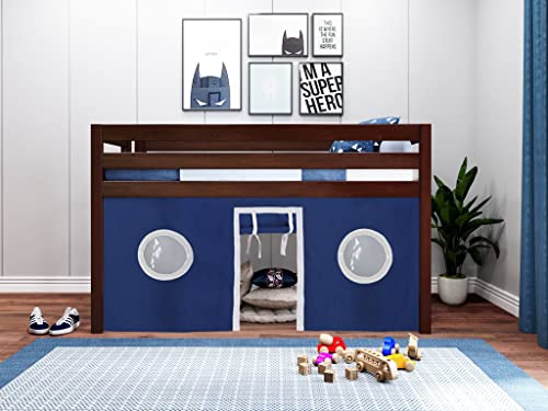 JACKPOT! Contemporary Low Loft Twin Bed with End Ladder, Cherry with Blue & White Tent JACKPOT!