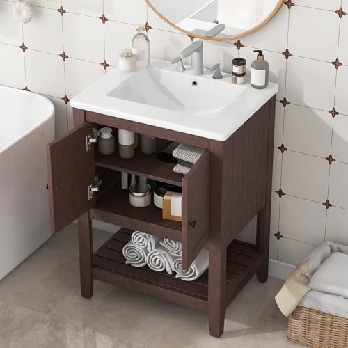 24 Inch Bathroom Vanity with Sink Set Combo, Cabinet with Doors and Open Shelf, Solid Wood Frame with Painted Finish, Modern Style Merax