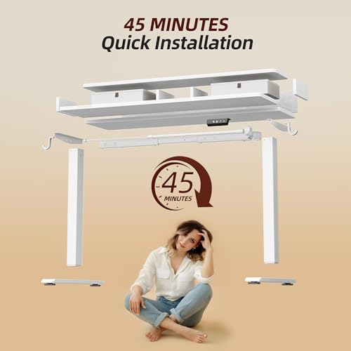 TIQLAB Standing Desk with Two Drawers, Stand Up Standing Desk Adjustable Height, Electric Sit Stand Table with Storage Shelf and Splice Board, 55 * 24 inch, White TIQLAB