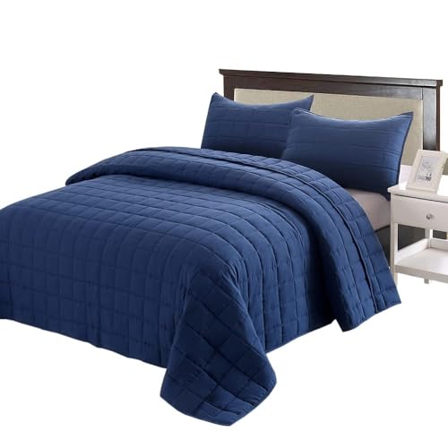 EMME Quilts Twin Size Bedding Sets Navy Blue Bedspread, Lightweight Soft Pre-Washed Quilt Comforter, 2 Piece, Cozy Reversible Coverlet with Pillow Sham for All Season (Square Pattern,66"x90") EMME