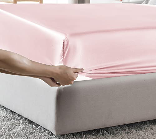 MILVOWOC Twin Satin Sheet - Light Pink, Soft Bottom Fitted Sheet - 1 Piece MILVOWOC