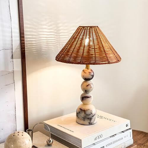 Calacatta Marble Stacked Ball Table Lamp - Hand-Woven Rattan Shade, 15" Stone Margot Artistic Vintage Lamp Luxury for Bedroom Living Room, Counter, Console, Entryway, Gift (Calacatta Viola Marble) BSOD