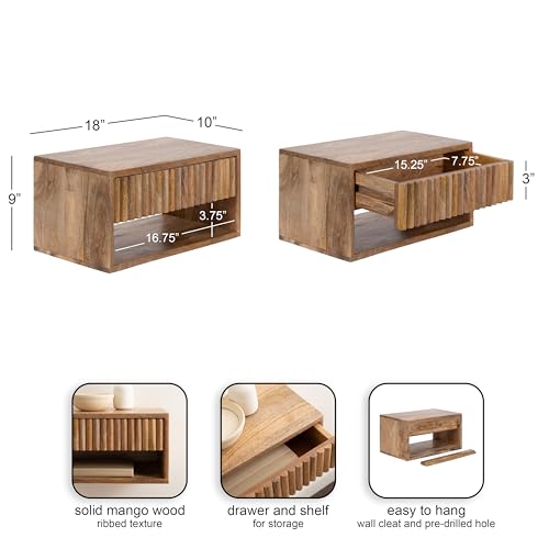 Kate and Laurel Reid Ribbed Wooden Tiered Floating Side Table, 18 x 10 x 9, Natural Wood, Modern Rectangular Mango Wood Floating Nightstand with Drawer for Bedroom Storage or Living Room End Table Kate and Laurel