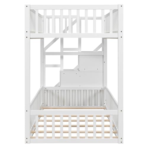 Wooden Twin over Twin Bunk Bed with Storage Stairs and Slats Support for Kids Teens, Floor Bunk Bed with Door and Full-Length Guardrails for Boys Girls, Space Saving, No Box Spring Needed, White MERITLINE
