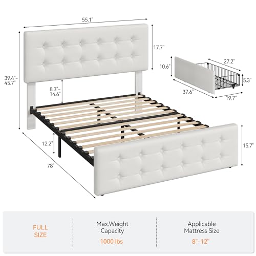 IDEALHOUSE Full Size Bed Frame with 4 Storage Drawers and Headboard, Faux Leather Upholstered Platform Bed Frame with Wooden Slats Support, Button Tufted Design, No Box Spring Needed, Beige IDEALHOUSE