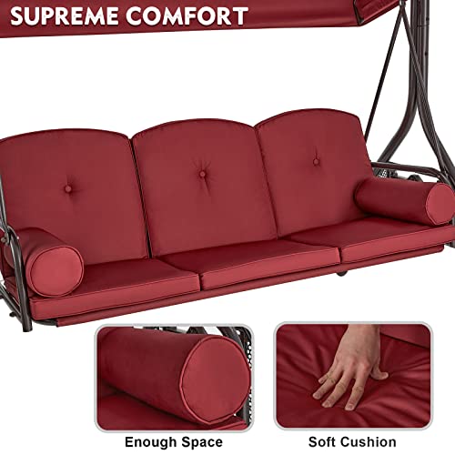 HOMREST 3 Seat Outdoor Porch Swing with Adjustable Canopy, Convertible Patio Swing Bed with Stand, Patio Glider Swing with Upgraded Cup Holder, Thicken Cushions & Pillow for Backyard (Wine Red) HOMREST
