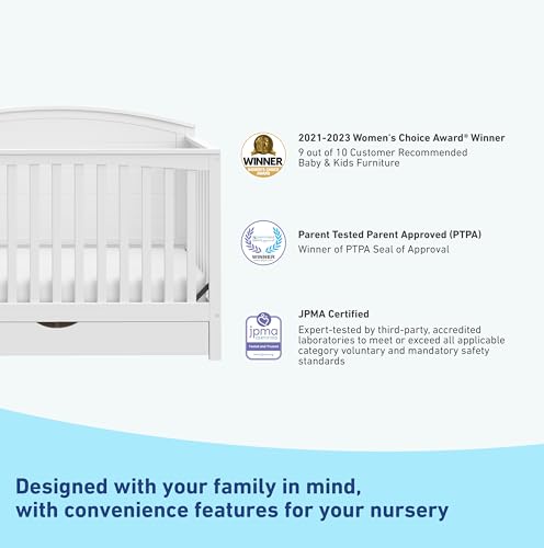 Graco Bellwood 5-in-1 Convertible Crib with Drawer (White) - GREENGUARD Gold Certified, Full-Size Storage Drawer, Converts to Toddler Bed and Full-Size Bed STORK CRAFT