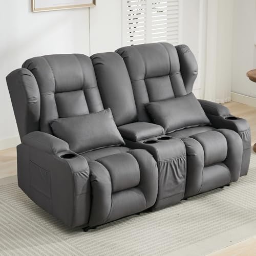 Loveseat Recliner Sofa with DIY LED Lights,RV Wall Hugger Recliners for Small Spaces,Fabric Reclining Loveseat Sofa Recliner with Smart LED Lights/Cup Holders/Lumbar Pillows,RV Furniture,Dark Gray