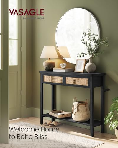 VASAGLE Console Sofa Table, Narrow Entryway Table, 2 Drawers, Open Storage Shelf, Rounded Corners, for Living Room, Boho Style, Ash Black ULNT016BF01S VASAGLE