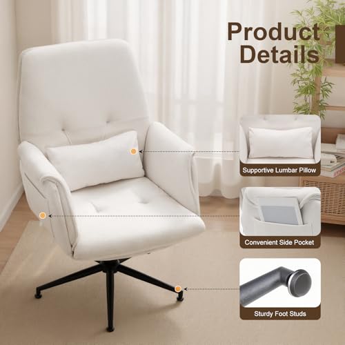 High Back Home Office Chair Without Wheels, Upholstered Fabric Desk Chair with Armrests, Ergonomic Swivel Computer Task Chair (White) Eronfrione