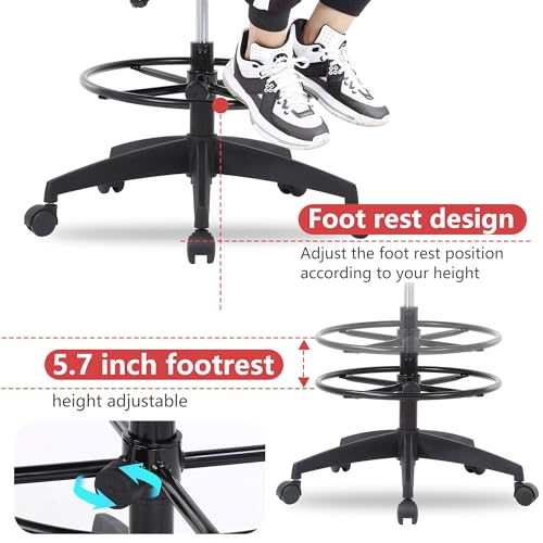 BestOffice Drafting Chair Tall Office Chair Adjustable Swivel Rolling Mesh Height with Lumbar Support Arms Footrest Mid Back for Adults Standing Desk Drafting Stool(Black) BestOffice