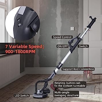 Drywall Sander, 750W Electric Drywall Sander with Vacuum Dust Collection 7 Variable Speed 900-1800 RPM with LED Light, 14 Pcs Sanding Discs, Extendable & Foldable Handle CHEINAUTO