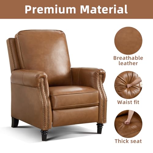 CANMOV Push Back Recliner Chair, Genuine Leather Pushback Reclining Chair with Padded Seat, Wingback Recliner with Rivet Decoration Single Sofa Recliner for Living Room Apartment, Brown