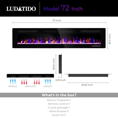 Ludatido 72 Inch Electric Fireplace Wall Mounted/Recessed, Electric Fireplace Insert with 5100BTU fpr 410 sq ft Room, Multicolor Flame with Timer/Touch Screen/Remote-Slim Ludatido