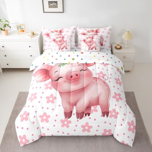Erosebridal Cartoon Pig Bedding Comforter Sets 7 Pieces Pink Flower Floral Bed in a Bag, Cute Piggy Twin Bedding Sets Kawaii Farm Animal Comforter Set, Chic Blossoms Bedding Sets & Collections Erosebridal