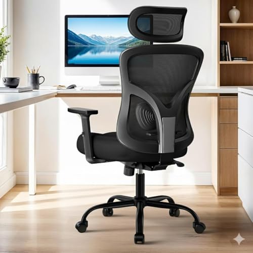 HUANUO Ergonomic Office Chair, High Back Mesh Gaming Chair for Big and Tall People with Lumbar Support, Adjustable Headrest and Armrest, Thick Cushion & Tilt Function Recliner for Home Office Black HUANUO