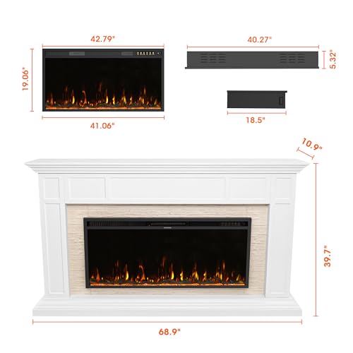 Weyderk 69" Electric Fireplace with Mantel, Fireplace TV Stand with 42" Fireplace Insert for Livingroom/Bedroom, Realistic 3D Flame & 15 LED Colors, Remote Control, 750/1500W Heats, Faux Stone Finish Weyderk