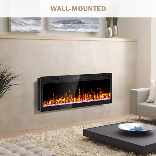 Ludatido 50 Inch Electric Fireplace Wall Mounted and Recessed with Remote Control, Color Adjustable/Realistic Flame W/Timer 1500/750W 400 sq.ft Heating Output Fireplace Heater Ludatido