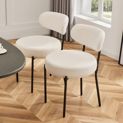 Sweetcrispy Dining Chairs Set of 4, Boucle Upholstered Modern Mid Century Round Kitchen Chairs with Curved Backrest & Metal Legs for Vanity, Living Room - Beige Sweetcrispy