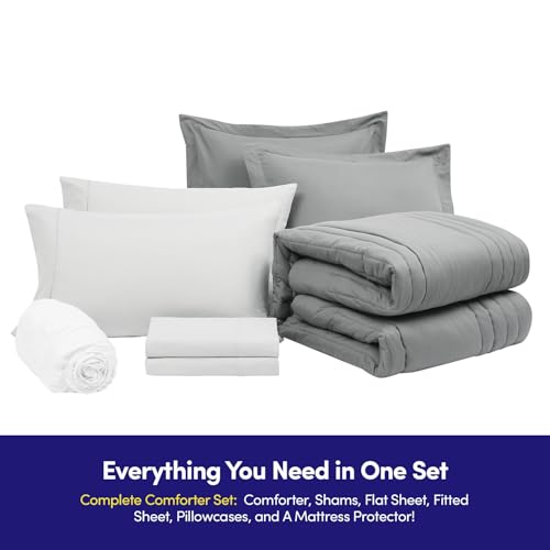Queen Comforter Set Quilted Stripe Bedding Bundle β Comforter, Mattress Protector, Sheets with Pockets on the Side & Built-in Corner Strap β Fitted Sheet Media Pocket for Devices, Gray/Silver Sweet Home Collection