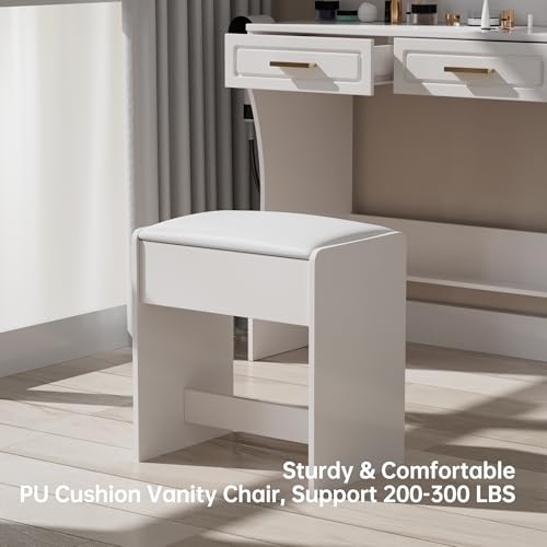 Homesflex Modern White Makeup Vanity Desk with Adjustable Lights, Mirror, and Storage - Complete Vanity Set with Drawers, Shelves, and Stool Homesflex