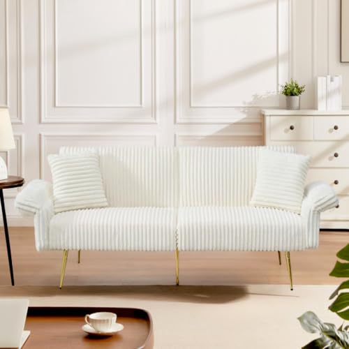 73" Convertible Futon Sofa Bed,Comfy Teddy Fabric Sleeper Couch with 3 Reclining Backrests,Golden Chrome Legs,Modern Cloud Sofa Loveseat for Small Living Room Office (White-Corduroy) Majnesvon