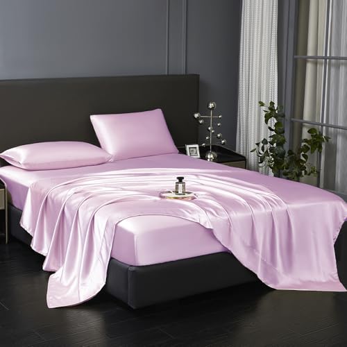 Revdomfly 3 Pcs Twin Size Luxury Silky Soft Pink Satin Sheet Set,1 Premium Moisture Wicking Fitted Sheet Fits Up to 16 Inches Deep Pocket + 1 Flat Sheet + 1 Pillowcases(Pink, Twin) Revdomfly
