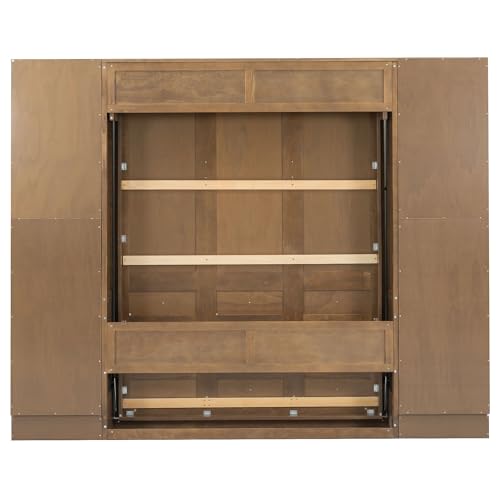Harper & Bright Designs Queen Size Murphy Bed with Storage, Solid Wood Wall Bed Frame with Storage Shelves and Cabinets for Lving Room, Space-Saving, Wood