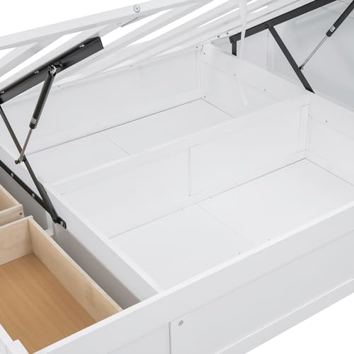 Hydraulic Platform Bed with LED Headboard, Storage Drawers, and Charging Station – Solid Wood Frame (Gray) WoodArtSupply