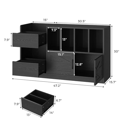 IRONCK Record Player Stand, Vinyl Record Player Table with Storage Cabinet and Drawers, Mid Century Modern Turntable Stand Holds Up to 500+ Albums for Living Room, Music Room, Black IRONCK