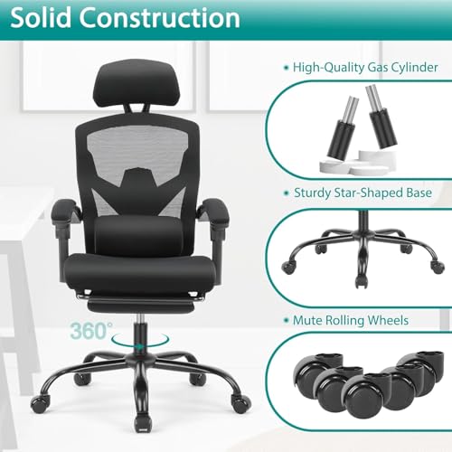 DUMOS Home Office Desk Chair with Footrest, High-Back Mesh Rolling Swivel Reclining Chairs with Wheels, Comfortable Headrest, Lumbar Support, Comfy Arms for Home, Office, Gaming, Student, Inky DUMOS