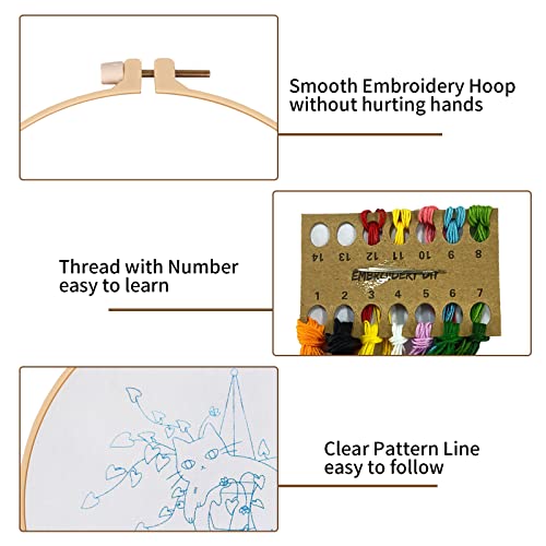 Nuberlic 3 Sets Cute Cat Embroidery Kit for Adults Beginners, Stamped Cross Stitch Starter Kits Include Needlepoint Cloth Hoops Needles Threads and Instruction