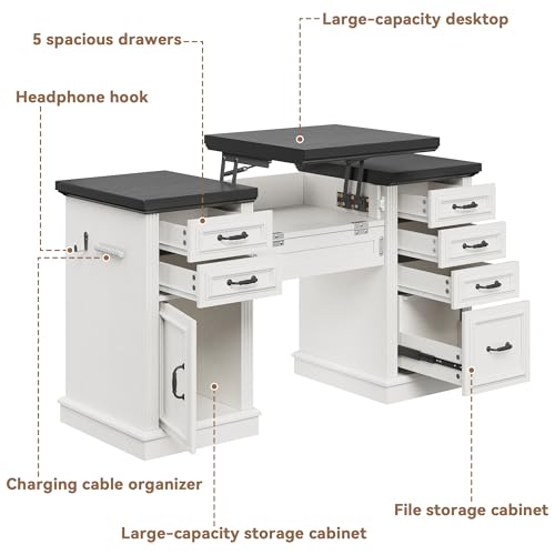Jocoevol Farmhouse 57" Lift Up Executive Desk with 5 Drawers and Charging Station, Wood Home Office Computer Desk with File Cabinet Storage, Keyboard Tray,Headphone Hook for Work,Study (White+Black) Jocoevol