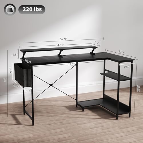 HOMCOM 58" L Shaped Gaming Desk with Power Outlets and LED Lights, Reversible Computer Desk with Monitor Stand, Fabric Storage Bag, Cable Management, for Home Office, Black HOMCOM