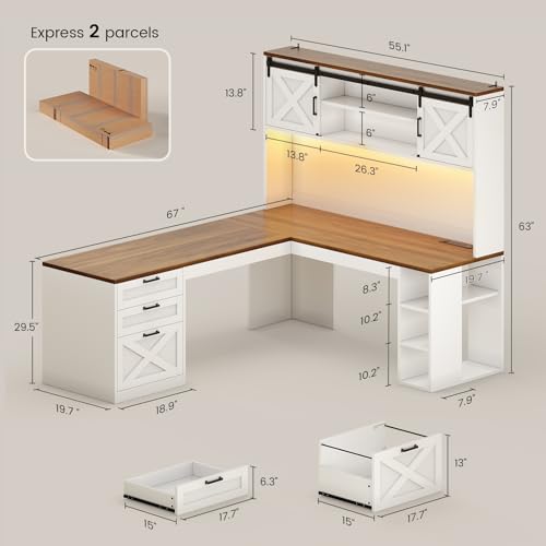 SEDETA 67" Farmhouse L Shaped Desk with Hutch, Home Office Desks with Drawers & Sliding Doors, Corner Computer Desk with Storage Shelves & Power Outlets, Executive Desk with LED Lights, White SEDETA