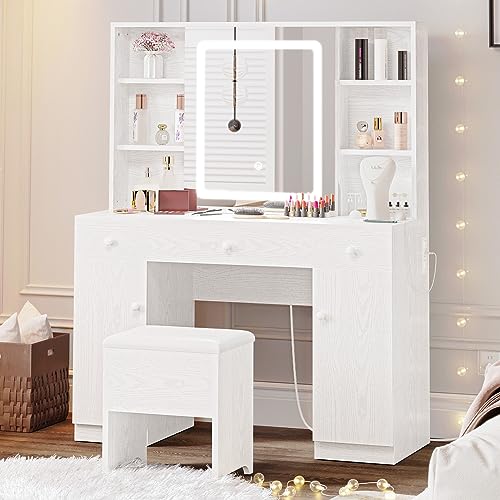 IRONCK Vanity Desk Set with Large LED Lighted Mirror & Power Outlet, 7 Drawers Vanities Dressing Makeup Table with Storage Bench, for Bedroom, Industrial Style White IRONCK