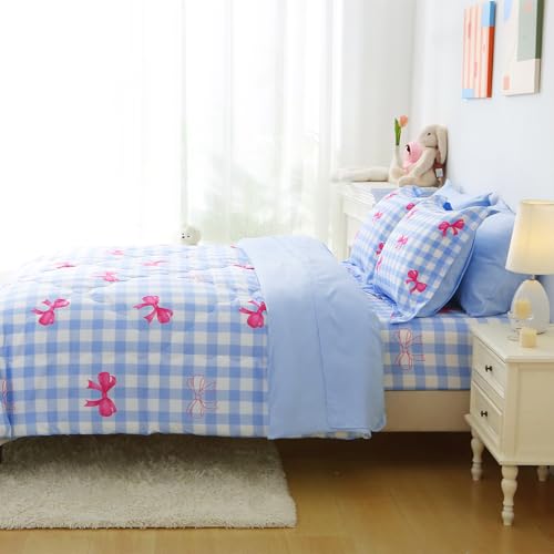 Wajade Bow Comforter Set 7 Piece Blue White Plaid Comforter Sets for Girls Kids Twin Size Checkered Bedding Set with Sheet and 2 Pillowcases 2 Pillow Shams Cute Girls Bed in a Bag as Birthday Choice Wajade