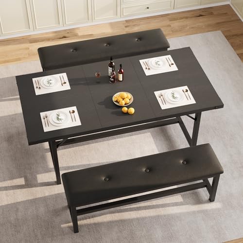 CABIHOME 3-Piece Dining Table Set for 4-6 People, 63" Large Extendable Kitchen Table Set with 2 Soft Benches, Easy Assembly, Space Saving for Small Space, Apartment, Black CABIHOME