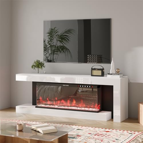TAMUNE 66.9” Fireplace TV Stand with 40” Electric Fireplace, LED Lights, High Gloss TV Media Console Table, Glossy Entertainment Center for Living Room, White and Black, 13.8”D x 66.9”W x 23.6”H TAMUNE