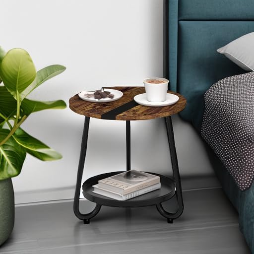MOFAIN 2 Tier Coffee Table in Living Room, Industrial Style Round Coffee Table with Metal Tray, Wood Small Outdoor Coffee Table for Bedroom Balcony Patio, Rustic Brown MOFAIN