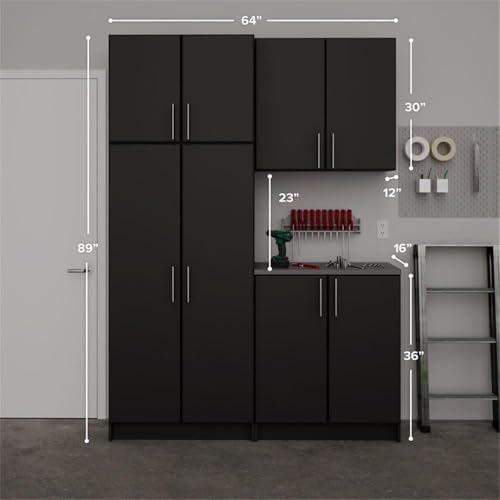 Prepac Elite Functional 4-Piece Garage Cabinets and Storage System Set F, Simplistic Garage Closet Shop Cabinets 16" D x 64" W x 89" H, Black, BRSX-1015-4M Prepac