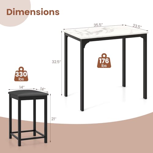 Giantex 3 Pcs Dining Table and Chairs Set with Faux Marble Tabletop 2 Chairs Contemporary Dining Table Set for Home or Hotel Dining Room, Kitchen or Bar (White & Black) Giantex